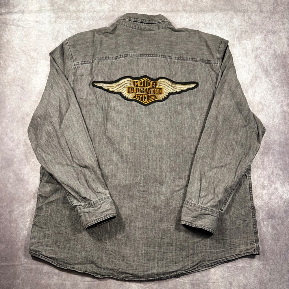 Harley-Davidson Mens 3XL Gray Cotton Long Sleeve Button Down Wing Patch Shirt - Picture 3 of 11